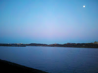 Moon over Hudson River in the evening as seen from Shore Trail, Part of Carpenter's Loop I in Palisades Interstate Park, Fort Lee, NJ