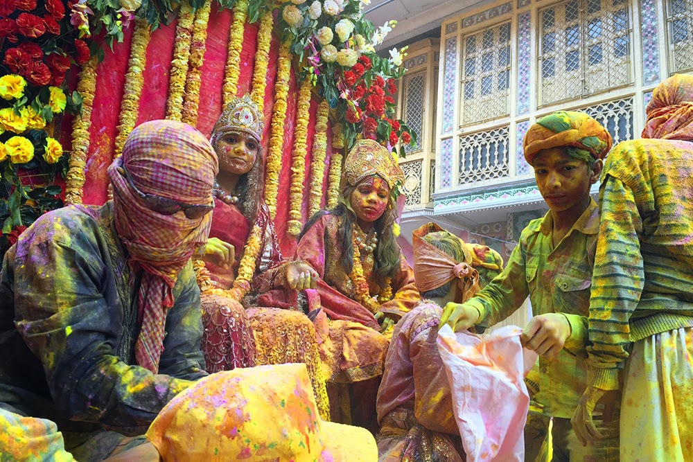 Mathura Holi celebrations procession 2015 Mathura Holi celebrations procession 2015 colors gulal red yellow krishna radha