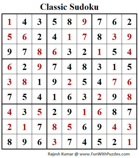 Classic Sudoku Puzzles (Fun With Sudoku 207) Solution