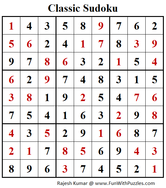 Classic Sudoku Puzzles (Fun With Sudoku #207) Solution