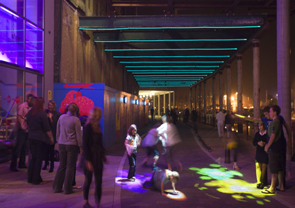 Light strips decorate the horizontal colonnade