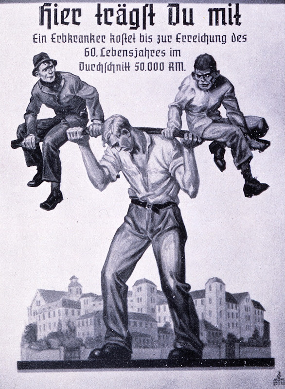 Nazi-tysk propaganda plakat som fremhævede omkostningerne ved arveligt syge