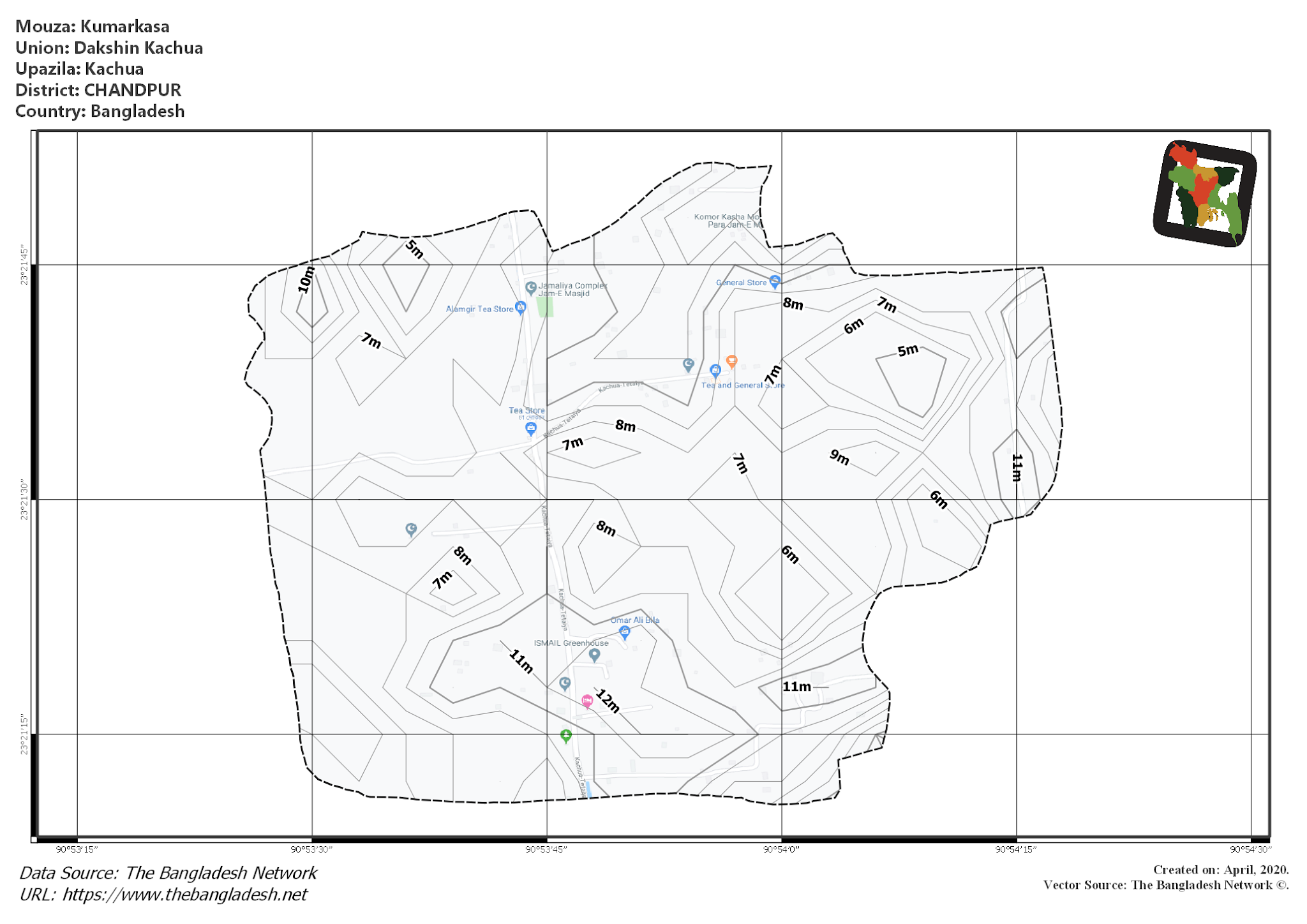Map of Kumarkasa Mouza of Kachua Upazila, CHANDPUR, Bangladesh.
