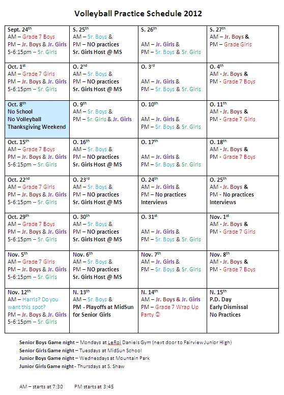 MidSun School Blog Volleyball Practice Schedule 2012