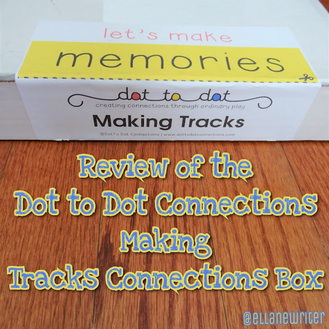 Dot to Dot Connections Making Tracks Connections Box on a wood floor with text. @ellanewriter watermark.