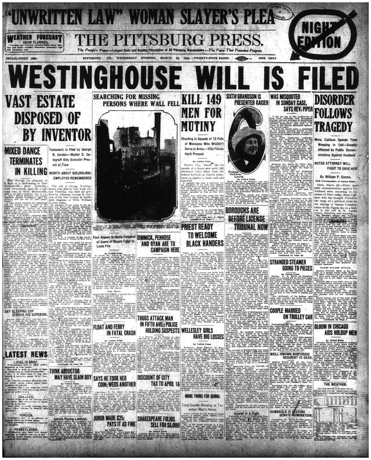 100 years ago in Pittsburgh, Pennsylvania Westinghouse will is