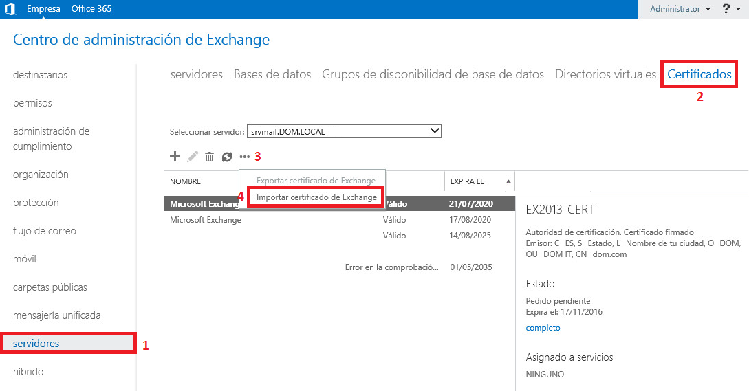 Pantallazos.es Microsoft Exchange 2013 Importar un certificado.