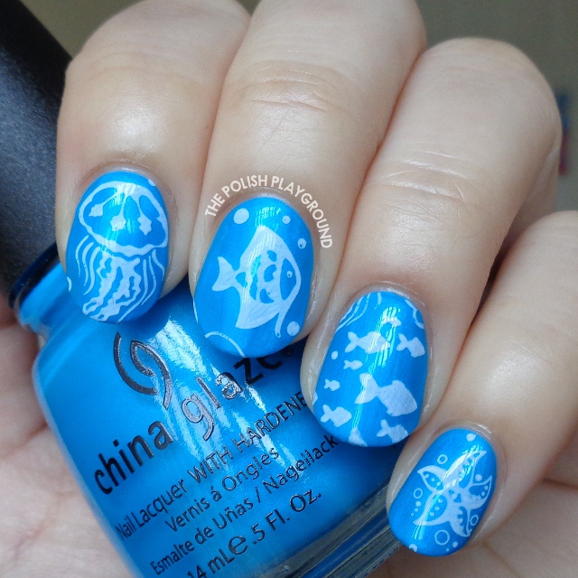 Blue Underwater Themed Stamping Nail Art