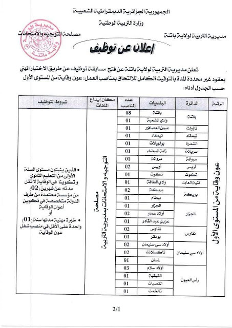 مسابقة توظيف بمديريات التربية الوطنية التابعة لهذه الولايات - اكتوبر 2018 مسابقة توظيف بمديريات التربية الوطنية التابعة لهذه الولايات - اكتوبر 2018