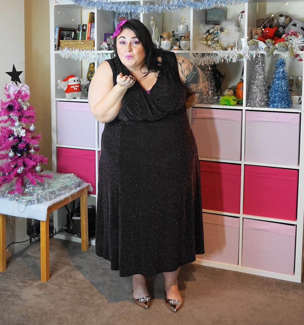 Yours-Clothing-Black-and-Rose-Pink-wrap-front-Sparkle-Midi-Dress plus size Christmas dress // www.xloveleahx.co.uk the size 28 UK fashion blogger