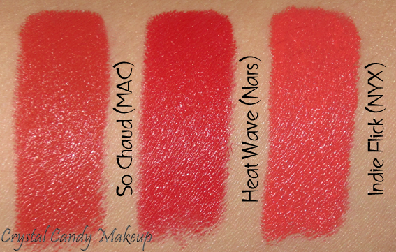 Rouge à lèvres Heat Wave de Nars - Lipstick - Review - Swatch - MAC So Chaud - NYX Indie Flick