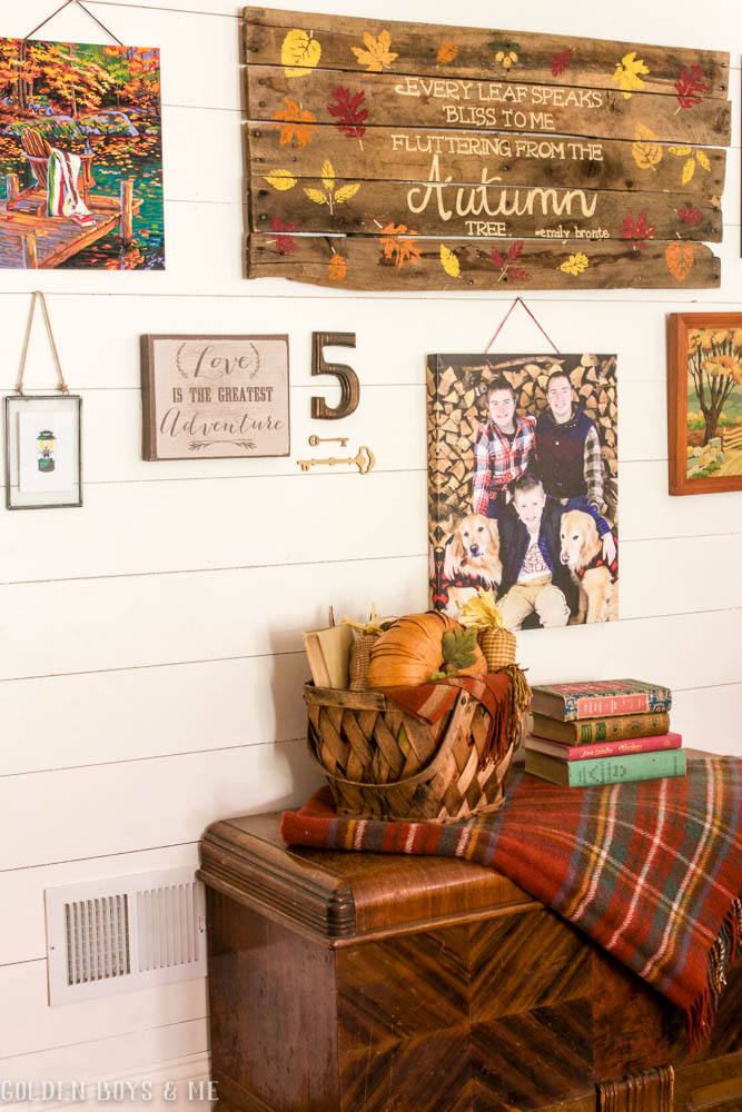 Planked Gallery Wall with DIY pallet sign and paint by numbers with fall decor -www.goldenboysandme.com