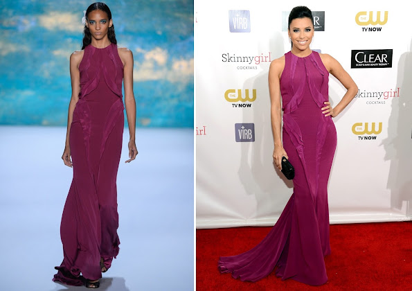 Eva Longoria wore a fuchsia hourglass gown from the Monique Lhuillier Spring 2013 collection