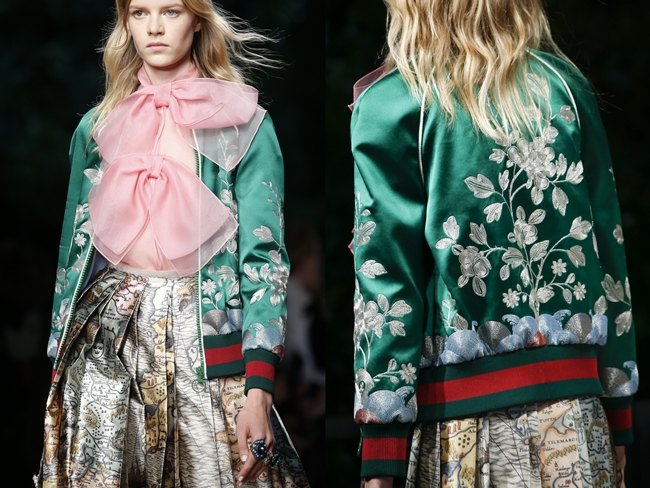 Gucci 2016 SS Details, Kadri Vahersalu 2016 SS Gucci Silk Floral Embroidered Bomber Jacket on Runway