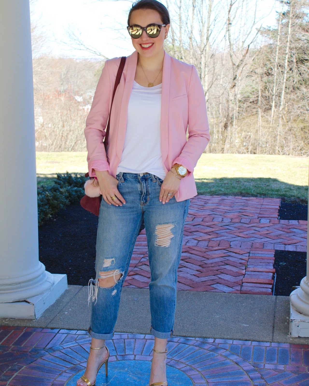 white pants pink blazer