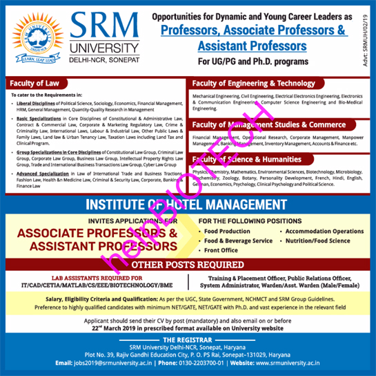 SRM University Delhi/Haryana Recruits Faculty in Biotech/Life Sciecnes