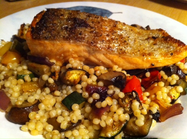 Eat Healthy But Tasty: Trout with Roasted Vegetables & Giant Couscous