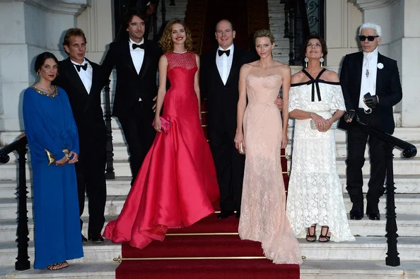 Antoine Arnault, Natalia Vodianova, Prince Albert II of Monaco, Princess Charlene of Monaco, Princess Caroline of Hanover and Karl Lagerfeld arrive at 'Love Ball' hosted by Natalia Vodianova in support of The Naked Heart Foundation at Opera Garnier 