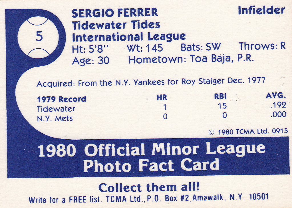 Number 5 Type Collection: 1980 TCMA Tidewater Tides Baseball #5, Sergio Ferrer