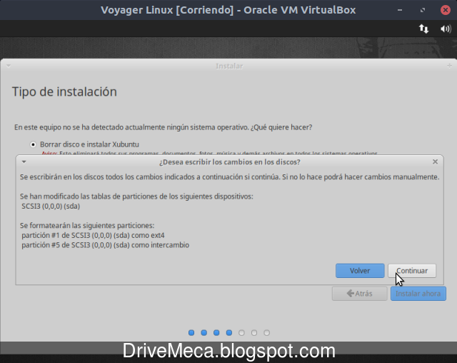 Confirmamos cambios de particionado de disco en Voyager Linux Confirmamos cambios de particionado de disco en Voyager Linux