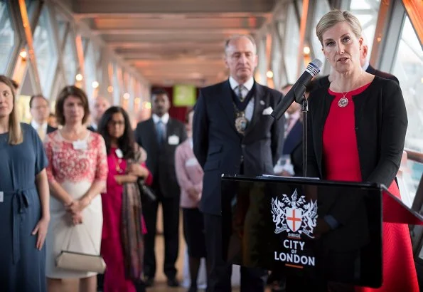 Vice-patron of Queen Elizabeth Diamond Jubilee Trust, Countess Sophie of Wessex wore Alaia Cropped knitted cardigan and Scalloped stripe knit dress