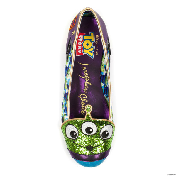 Irregular Choice Disney Toy Story Eternally Grateful flats insole single shoe from top view showing purple insole and green glitter alien face across toe