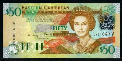 Eastern Caribbean banknotes Dollars bill, Queen Elizabeth.