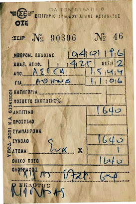 Εισιτήριο ΟΣΕ το 1996. Πλήρωσα 1640 δραχμές (περίπου €3 σήμερα;) να επιστρέψω Αθήνα απ' Ασέα