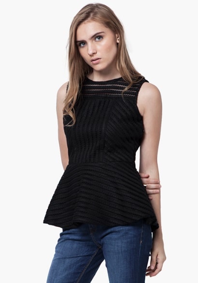 STRIPED MESH PEPLUM TOP - BLACK INR – 1400 STRIPED MESH PEPLUM TOP - BLACK INR – 1400