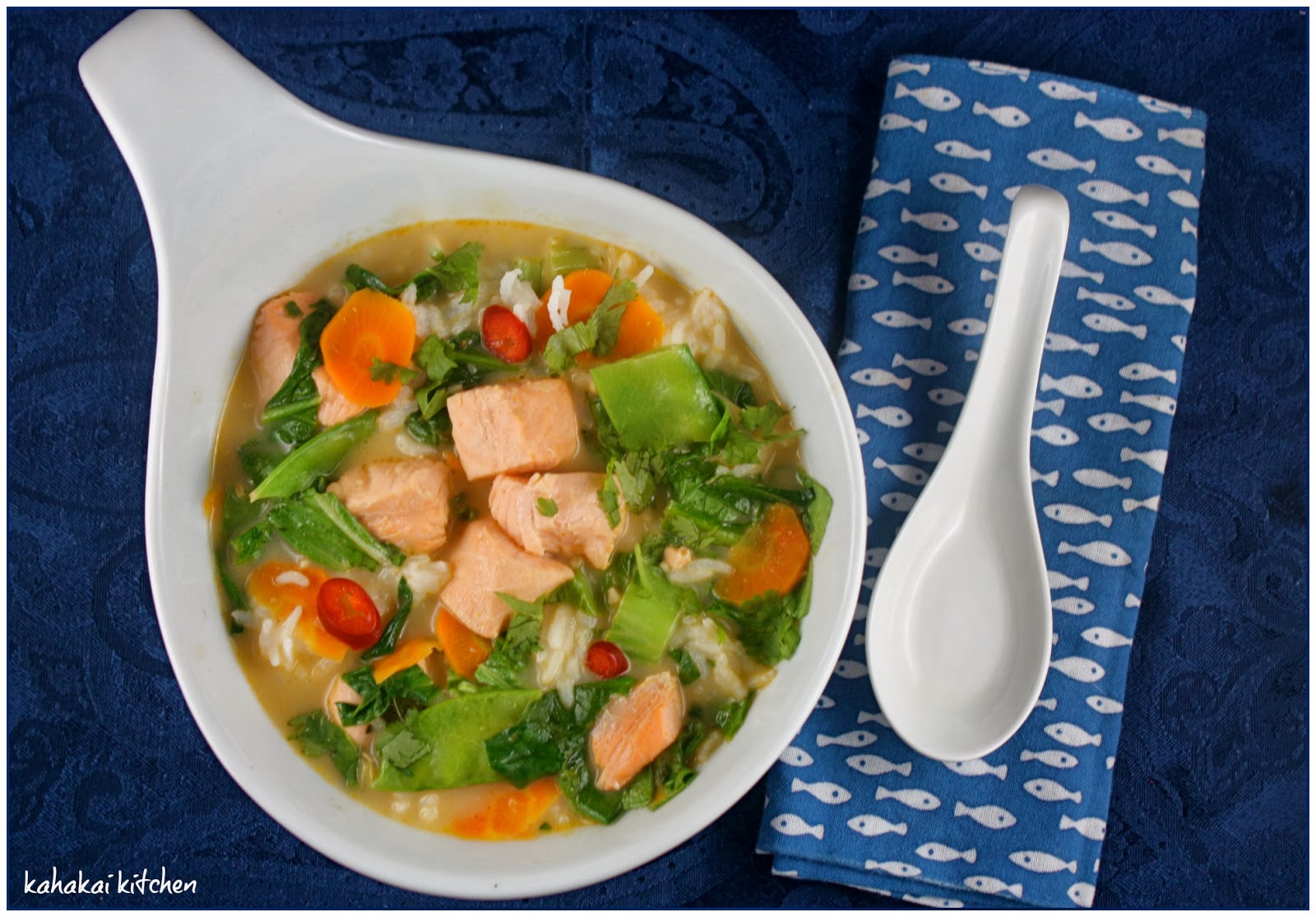 Kahakai Kitchen Red Curry Salmon, Greens & Jasmine Rice Soup for