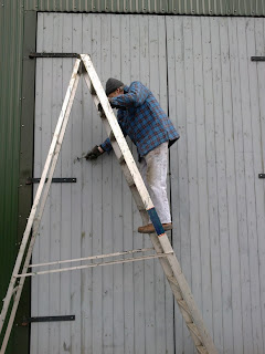 John E scraping loose paint from the carriage shed doors