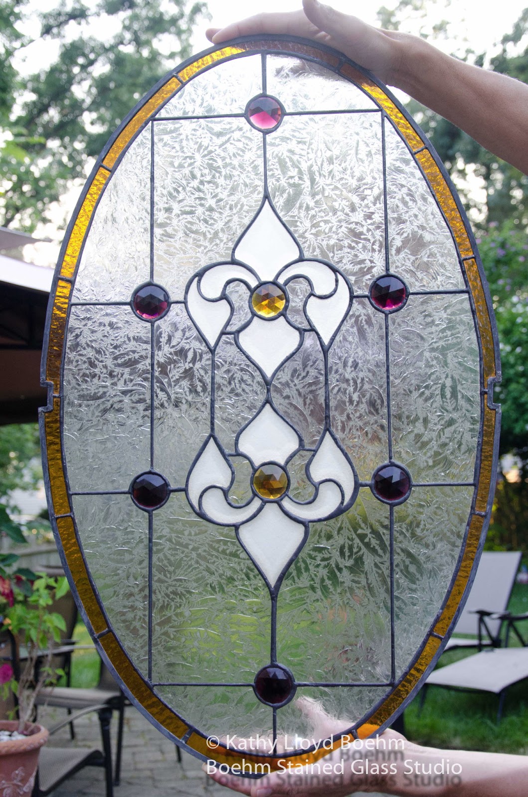 Boehm Stained Glass Blog Oval Window with Bevels and Gems Soldering
