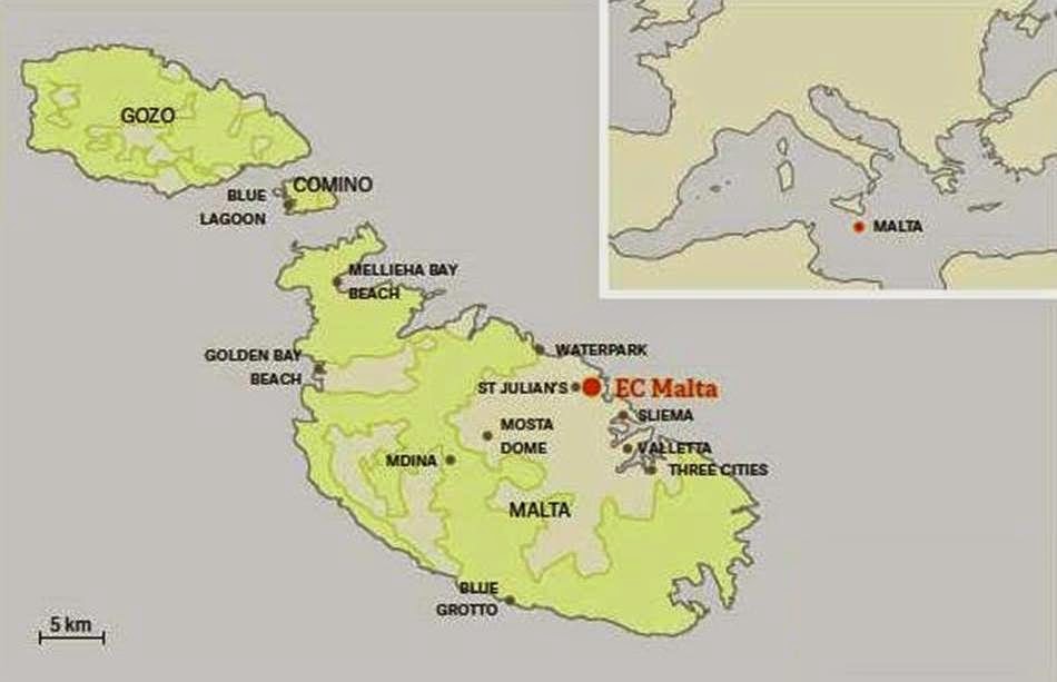 Mapa de Malta Intercâmbio em Malta