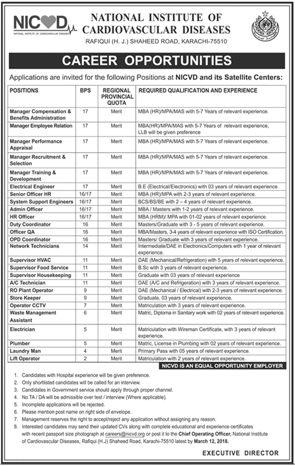Medical Jobs In NICVD Hospital Karachi Sindh Feb 2018 Expect Jobs Find your jobs here jobs