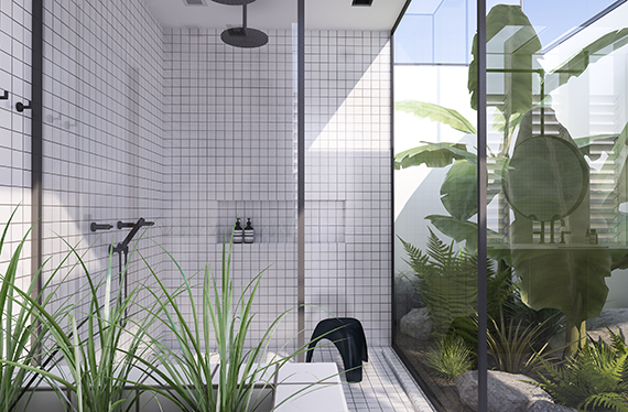 Tropical jungle atrium and double shower | Urban contemporary bathroom. Design by Eleni Psyllaki @myparadissi 
