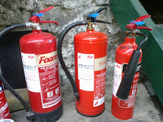 The annual fire extinguisher check have been done - note the blue tag, the same colour which shows ladders and lifting tackle which have been tested