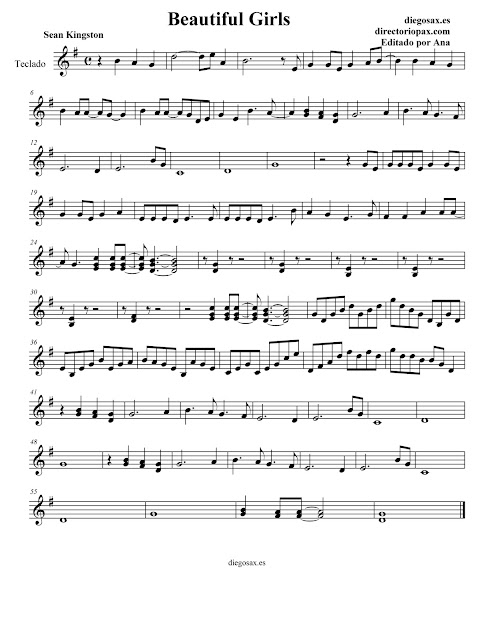  Partitura Beautiful Girls de Sean Kingston para Piano y TECLADOS (acompañamiento en do) - sheet music piano - 