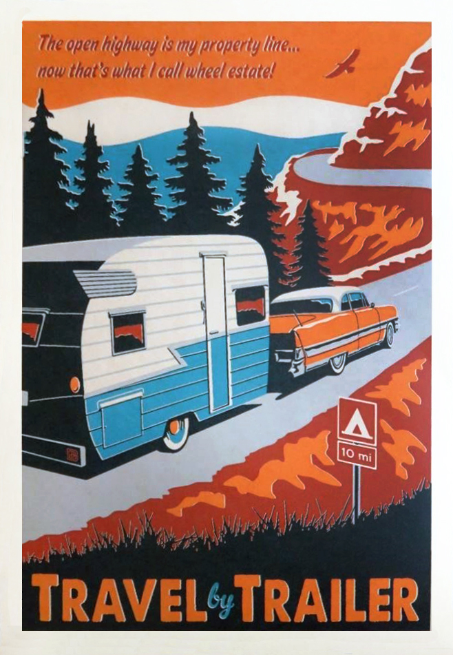 transpress nz: travel by trailer poster, circa 1960