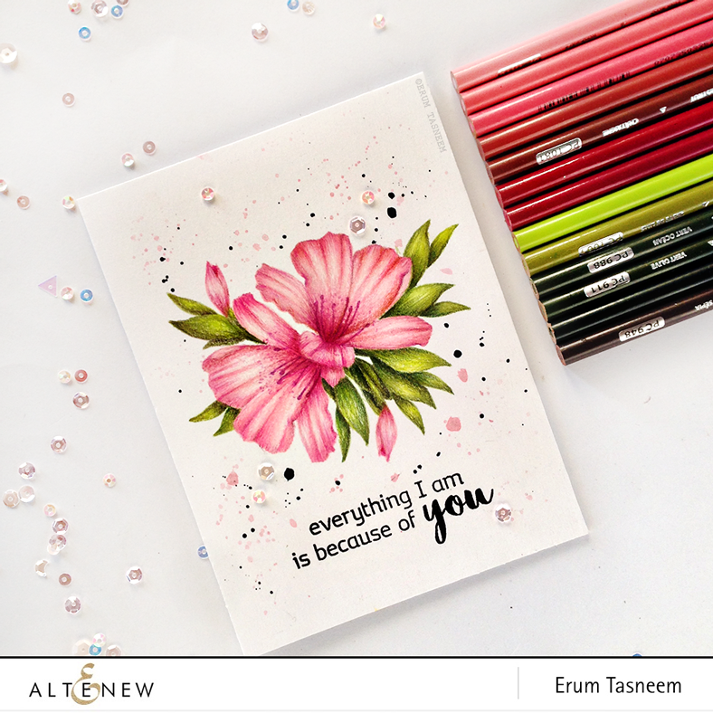 Altenew Springtime Azalea and Family Matters Stamp Set pencil colored using Prismacolors by @pr0digy0