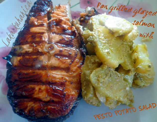 Pan grilled glazed salmon with pesto potato salad by Laka kuharica: aromatic glaze adds a special punch to salmon steaks.