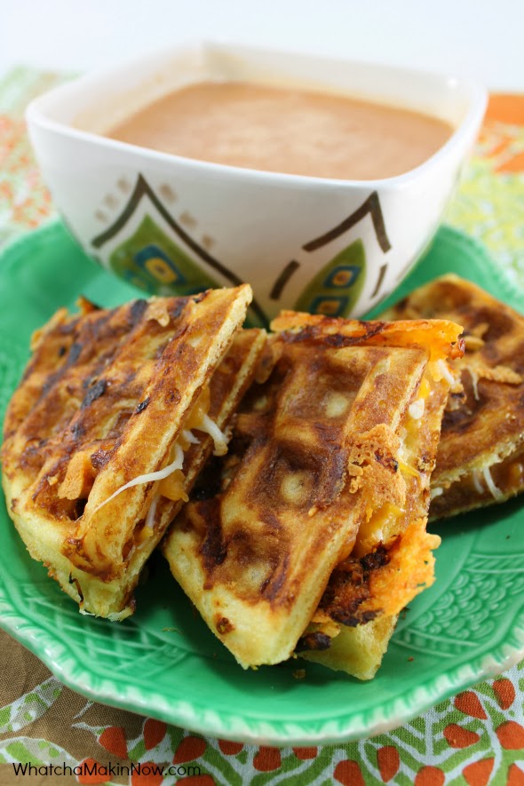 Make an extra tasty grilled cheese sandwiches with 3 cheese waffles! Then, dip in tomato soup. Perfect fall meal! 
