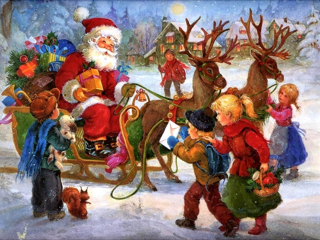 Ông già Noel tóc râu bạc phơ cưỡi xe tuần lộc và bay khắp nơi Ông già Noel  vác bao quà to chỉ mang đi tặng những em bé ngoan Ông già