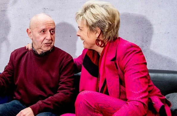 Princess Laurentien attended the Valentine's Day event at Utrecht Centraal railway station in Oudegracht. red print pantsuits