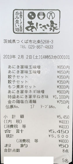 あにき家 2019/2/2飲食レシート