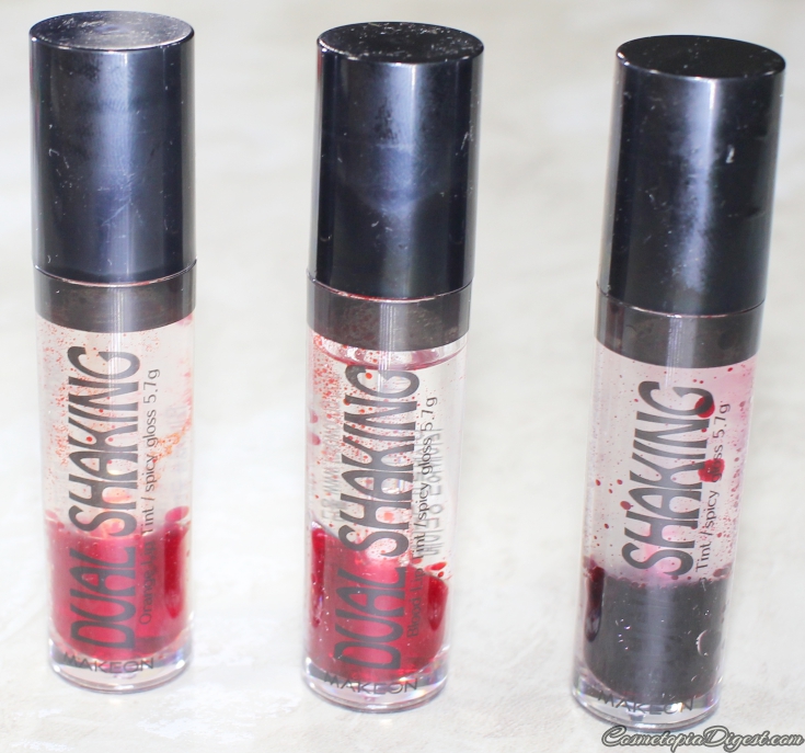 Review and swatches of Makeon Dual Shaking Spicy Lip Tints. 