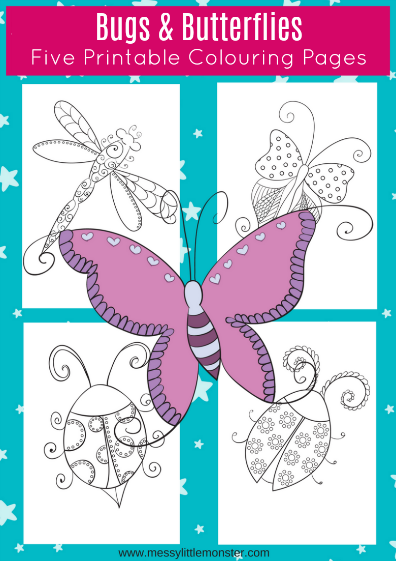 Free Bug and butterfly printable colouring pages for kids. A set of 5 Spring colouring sheets inlcuding 2 butterflies, 2 bugs and a dragon fly. Great for toddlers, preschoolers and older kids too! 