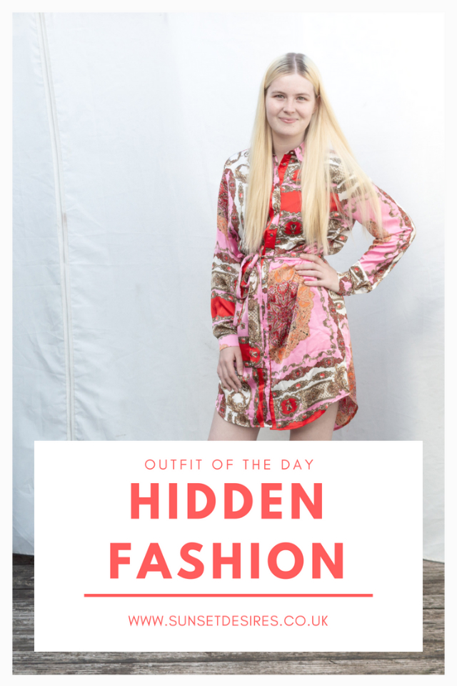 OOTD: Hidden Fashion Banner saying Outfit of the day hidden fashion wearing a pink and red shirt dress with ornate print and white shoes.