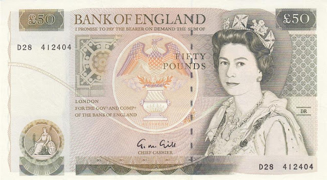 British English Banknotes Fifty pounds Bank of England note, Queen Elizabeth