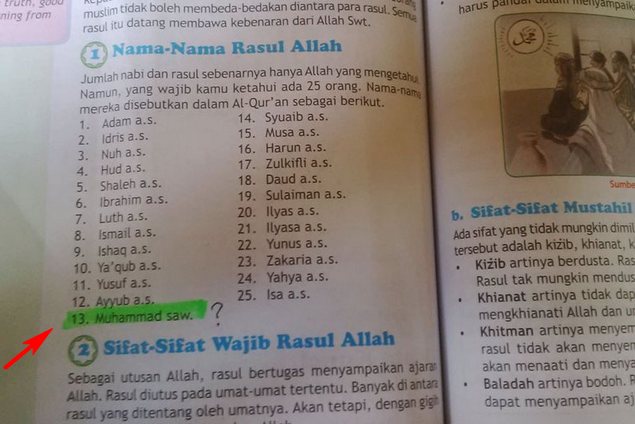 lagi heboh nih "nabi muhammad urutan ke 13" tercantum di buku agama kelas 5 sd paluta