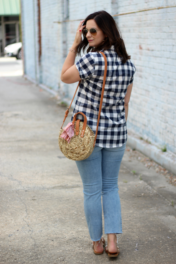 north carolina blogger, gingham shirt, how to style a straw bag, mom style, style on a budget, target straw bag